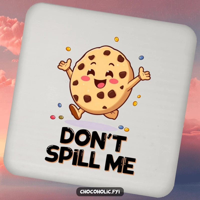 Funny chocolate chip cookie drink coaster character doing cartwheels with tiny candies, protecting furniture with a touch of playful charm.