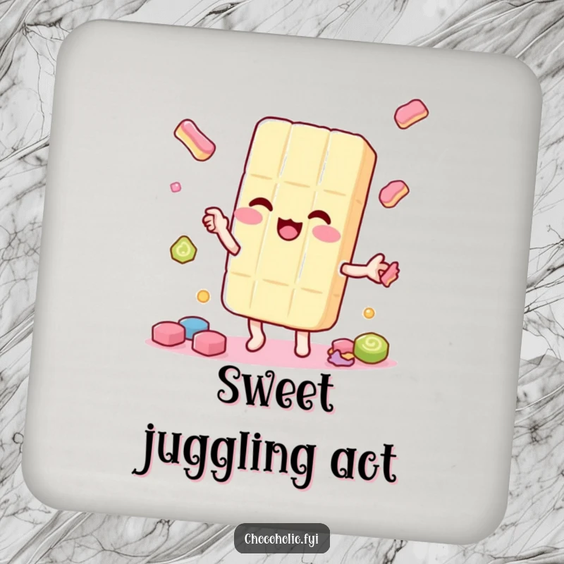 Funny kawaii candy bar character, juggling smaller candy pieces playfully, on a drink coaster, protecting surfaces with sweetness.