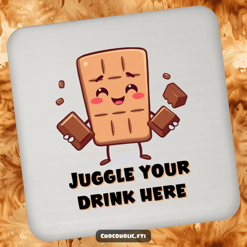 Funny drink coaster featuring a chocolate bar character performing an expert juggling act with three small chocolates, signifying sweet coordination.