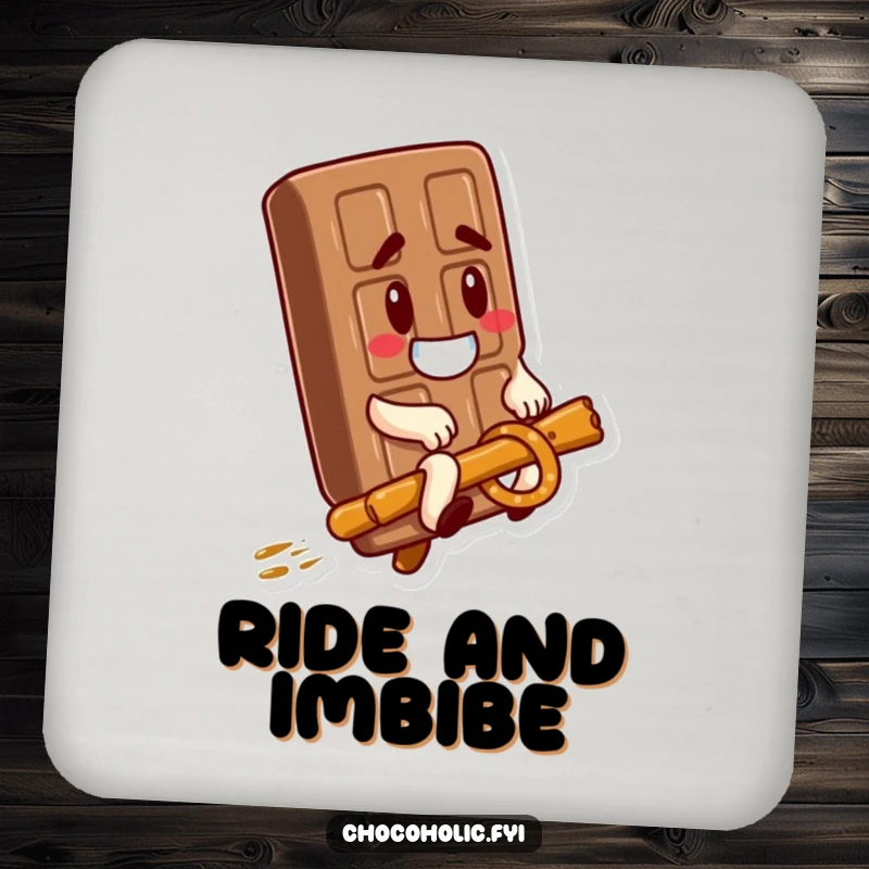 Funny Coaster: A chocolate bar with a goofy expression rides a pretzel stick, adding humor and protection to your surfaces.
