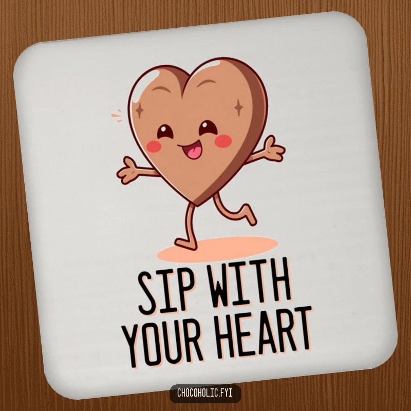Funny coaster with a giddy chocolate heart character in a playful spin, adding cheerful charm to drinks.