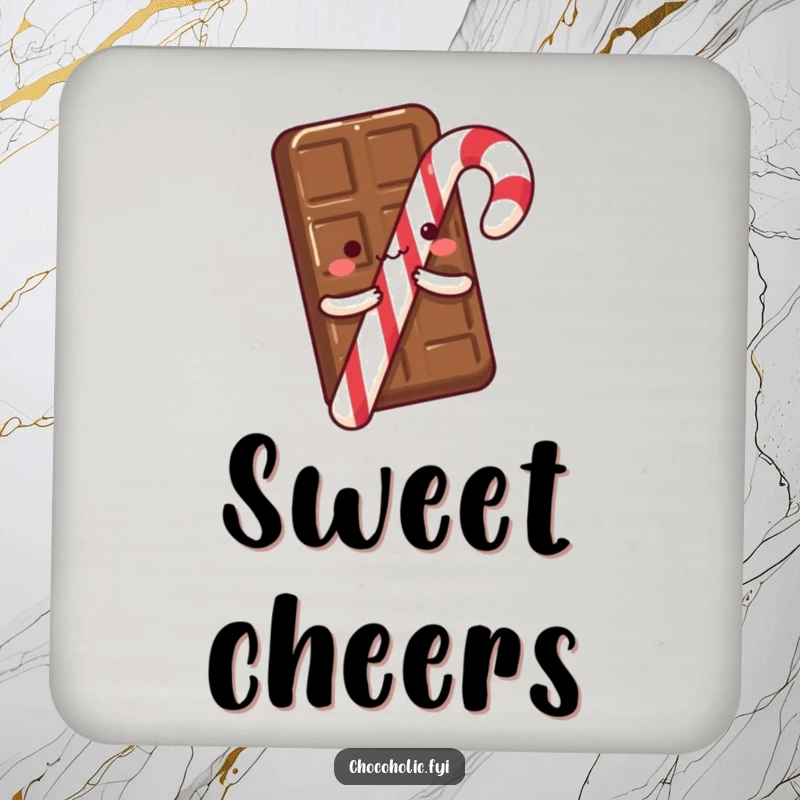 A chocolate bar with tiny arms excitedly hugging a candy cane, depicted on a coaster that adds sweet humor and protects surfaces.