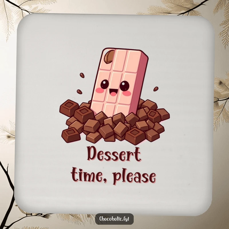 Funny drink coaster with a kawaii chocolate bar character with wide eyes, hugging itself with chocolate pieces, adding sweet flair.