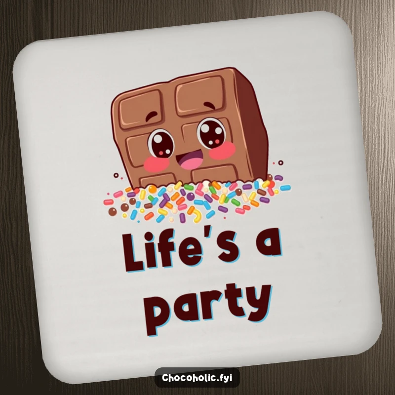 Funny drink coaster featuring a chocolate bar character diving headfirst into a vibrant pile of sprinkles. Protects surfaces with humor.