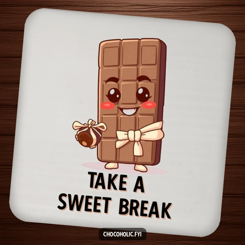 Funny drink coaster with a chocolate bar character offering a small, wrapped truffle, adding a sweet and humorous touch to any surface.