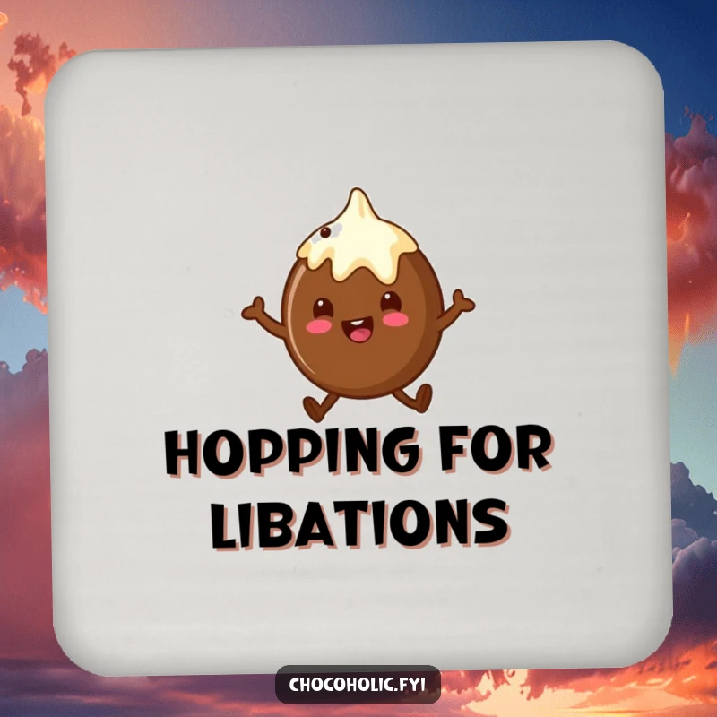 Funny chocolate truffle drink coaster featuring a character doing a little happy hop, adding sweetness to your table.