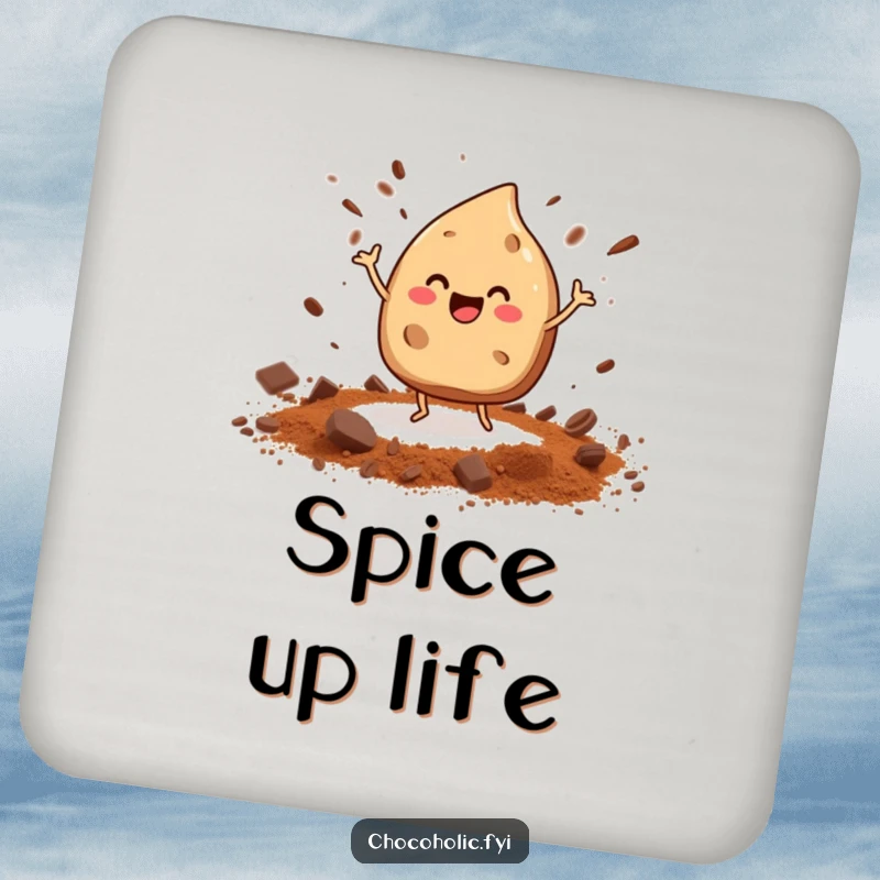 Funny dancing chocolate chip drink coaster with tiny legs, scattering cocoa powder, protecting surfaces with charm.