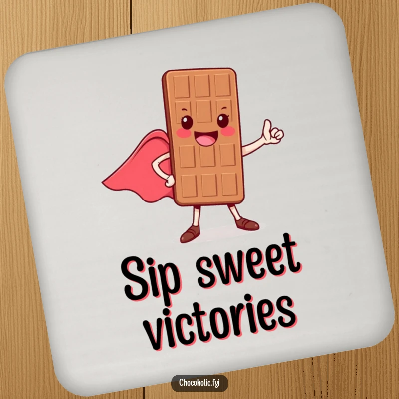 Funny coaster featuring a cheerful chocolate bar character in a heroic pose, cape flowing, protecting surfaces with style.