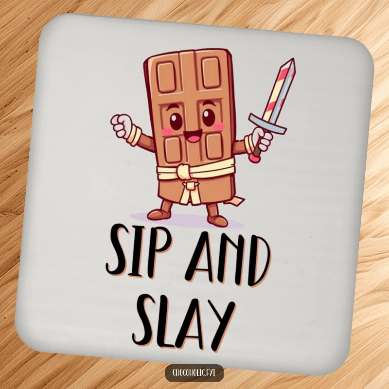 Funny Drink Coasters: A heroic kawaii chocolate bar character holds a candy cane sword. Perfect for protecting surfaces with cute and funny designs.