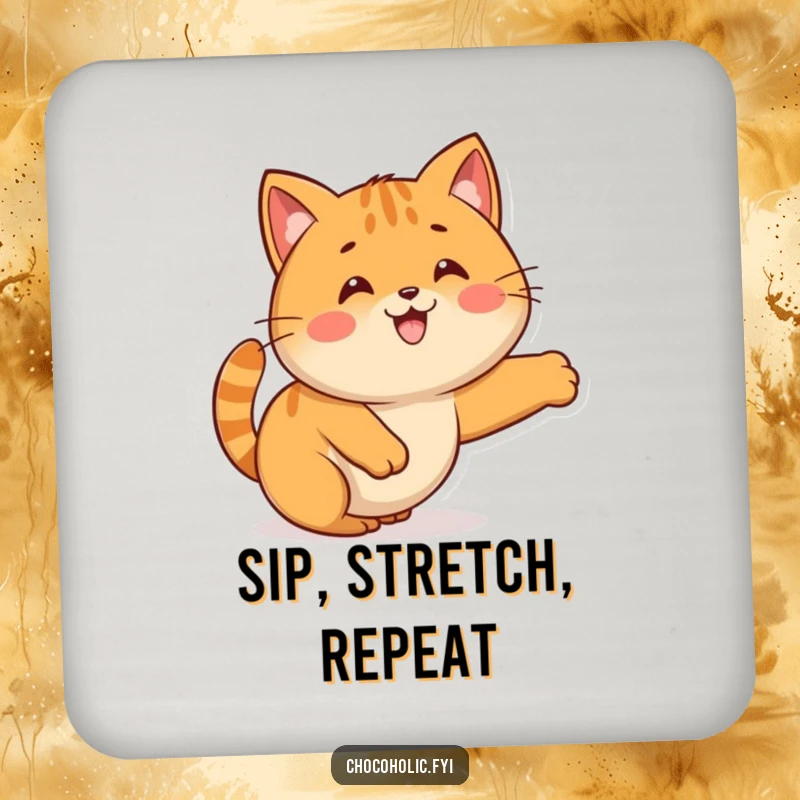 Funny Kawaii caramel character in a cat stretch pose on drink coasters, adding sweet charm.