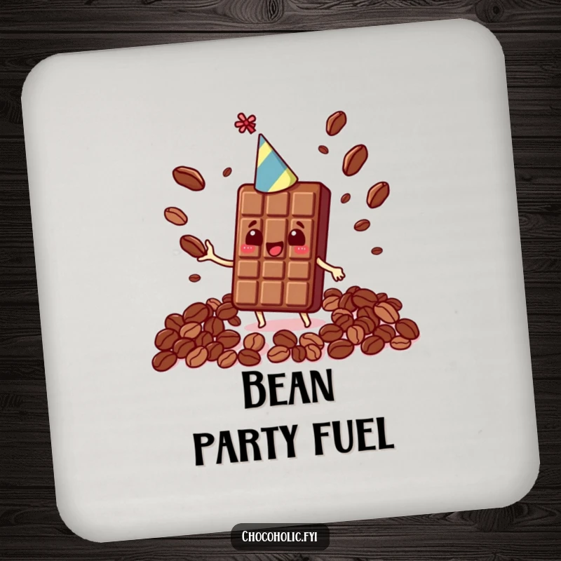 Funny Kawaii chocolate bar with a party hat, juggling cocoa beans, on a set of protective drink coasters.