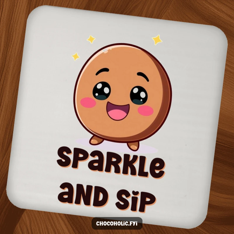 Funny kawaii chocolate chip with a big, excited smile and sparkling eyes on a drink coaster, adding charm and protection.
