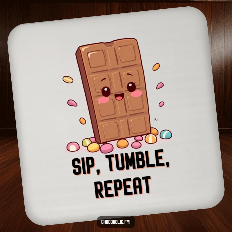 Funny Drink Coasters: A kawaii chocolate bar character hilariously trips, scattering candy. Perfect for protecting surfaces with cute and humorous designs.