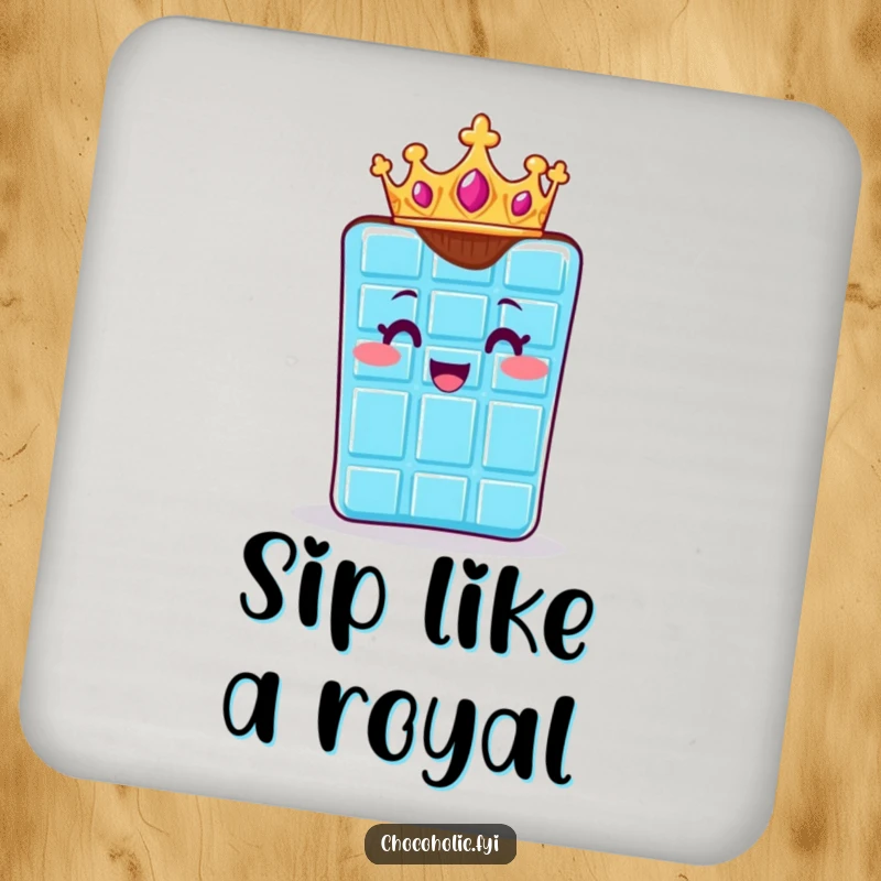Funny drink coaster featuring a chocolate bar character wearing a tiny crown, exuding regal delight. Elegant surface protection.