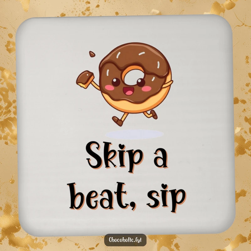 Funny Coaster: A chocolate donut happily skips with a bite taken out, adding cheerful humor and protection to surfaces.