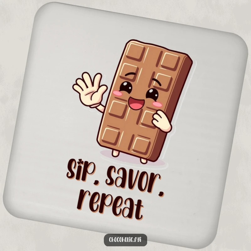 Funny coaster showcasing a happy chocolate bar character waving, adding a touch of sweet protection to your drinks.