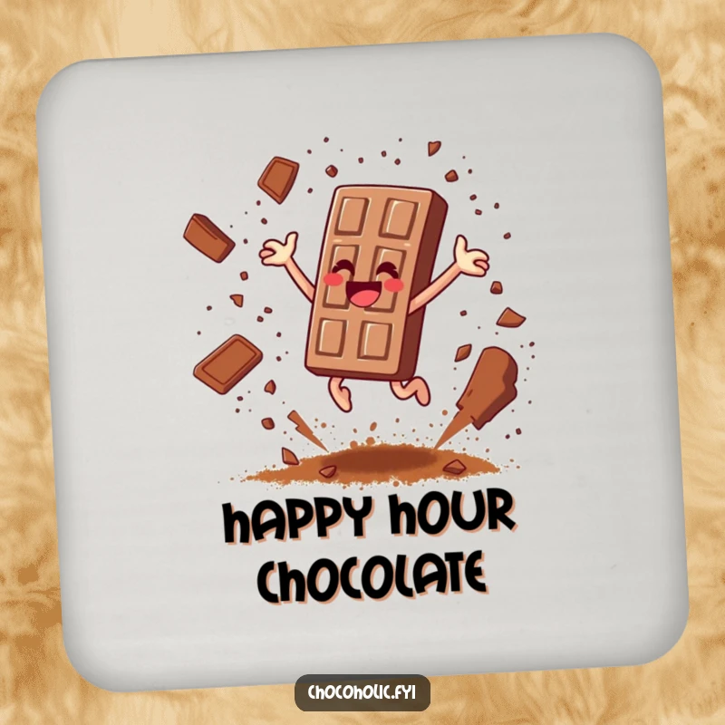 Funny chocolate bar character leaping joyfully, scattering cocoa powder like confetti on a protective drink coaster.