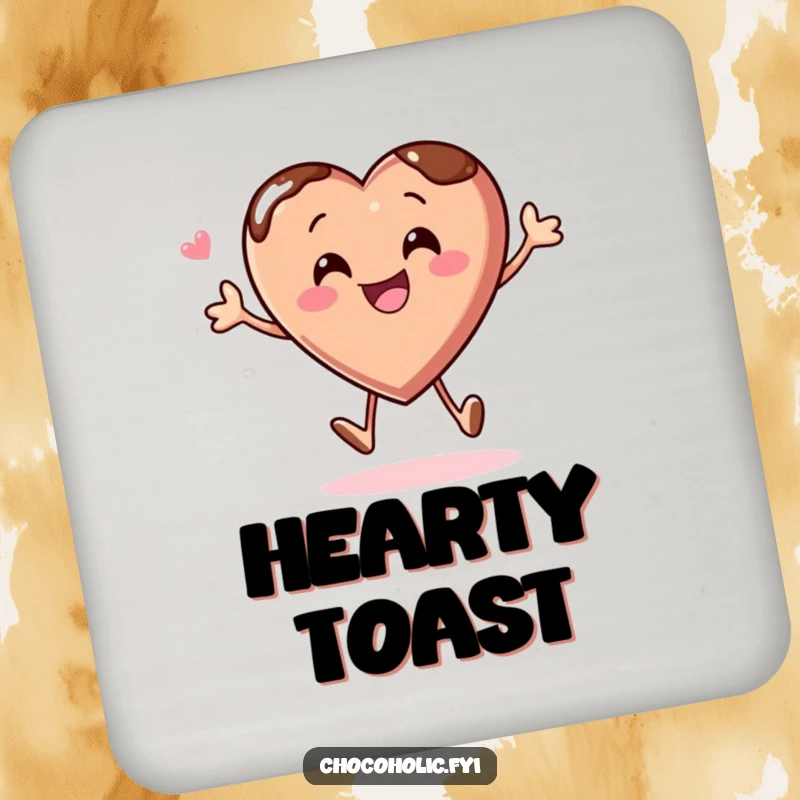 Funny drink coaster with a chocolate heart character bouncing with glee, protecting surfaces with joy.