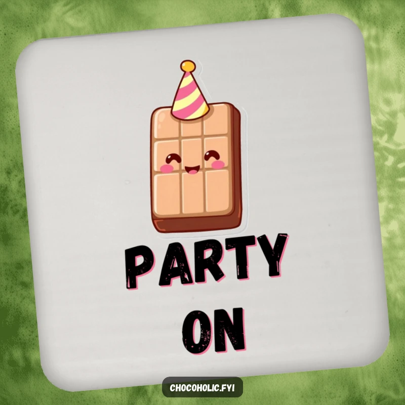 Funny Drink Coaster showcasing a smiling chocolate bar with a tiny party hat, adding a touch of whimsy to any table. Protects surfaces with style.