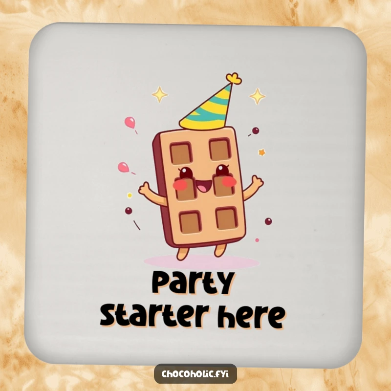 Funny chocolate bar character wearing a party hat, spinning around gleefully on a protective drink coaster.