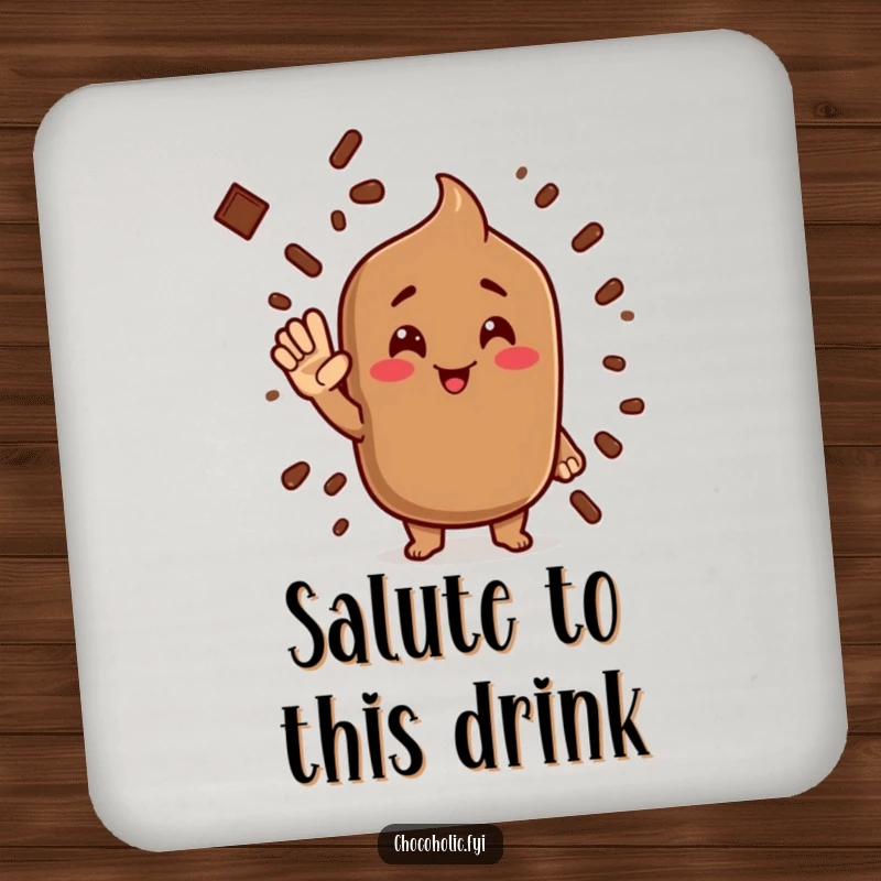 Funny cocoa powder drink coaster featuring a character giving a silly salute, adding humor to your table.