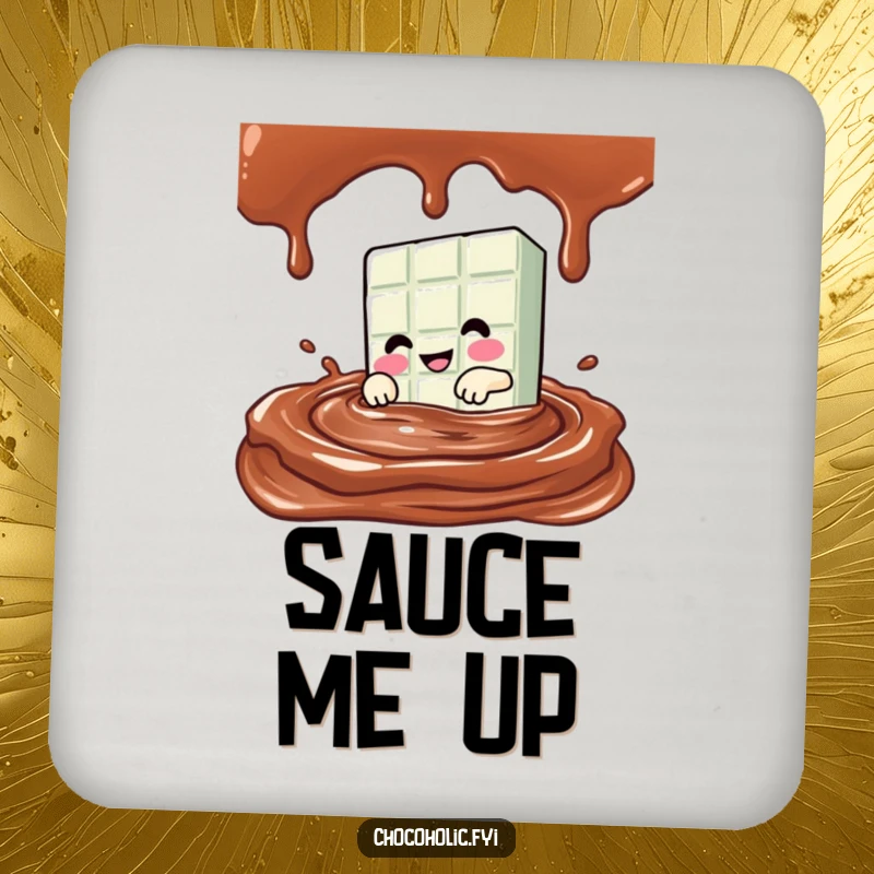 Funny Kawaii chocolate bar character diving into a pool of chocolate sauce on a set of protective drink coasters.