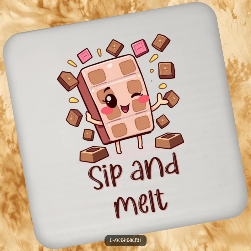 Funny Kawaii Chocolate Wink Coaster: A cute chocolate character winking and juggling melting squares, perfect for sweet protection.