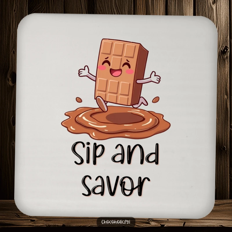 Funny smiling chocolate bar character with legs joyfully leaping over melted chocolate, depicted on a drink coaster, bringing sweetness to tabletops.