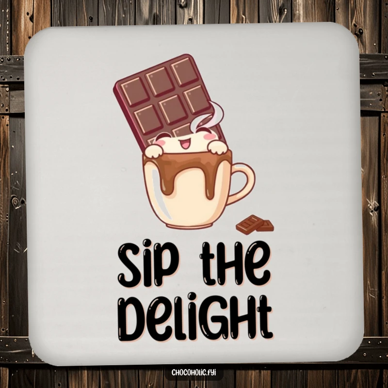Funny drink coaster with a chocolate bar character peeking with delight over a small, steaming mug, protecting surfaces with humor.