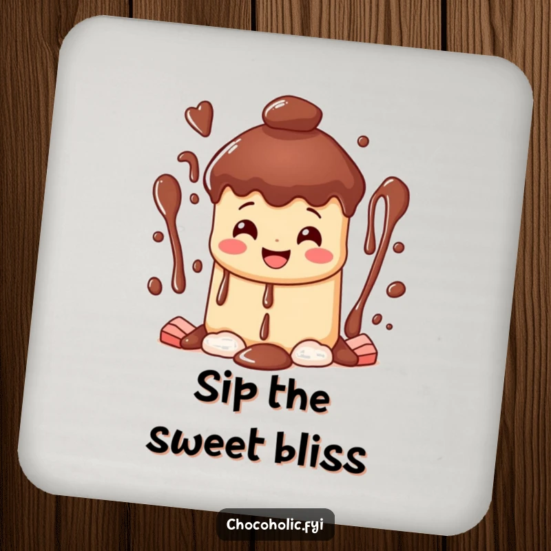 Funny happy chocolate fountain drink coaster character with a wide grin, cascading streams of sweet bliss, for stylish surface protection.