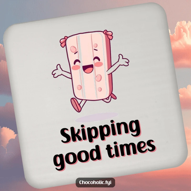 Funny kawaii candy bar character skipping joyfully with arms outstretched on a drink coaster, adding charm and protection.