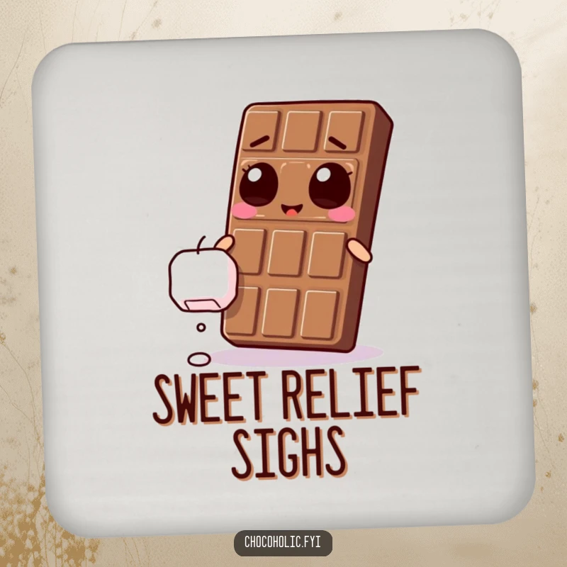 Funny Kawaii chocolate bar with ecstatic eyes, reaching for a falling marshmallow on a set of protective drink coasters.