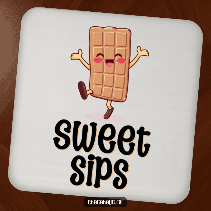 Funny chocolate bar character doing a cartwheel on a drink coaster, adding a sweet and joyful accent.