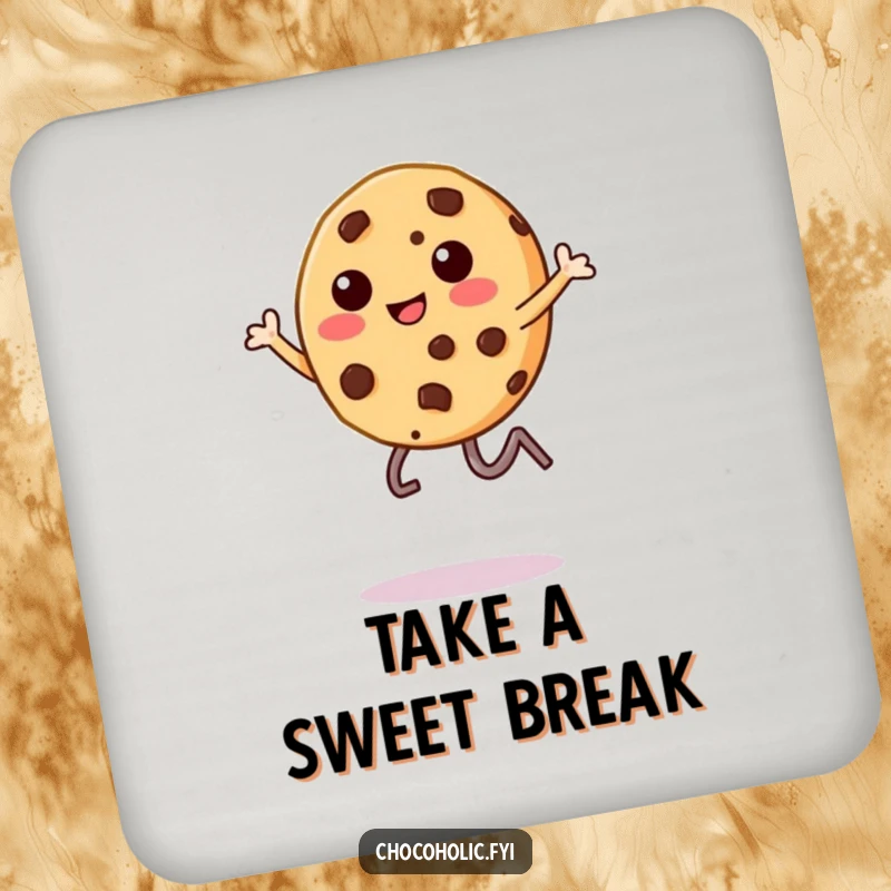 Funny kawaii chocolate chip cookie character, mid-leap, printed on a drink coaster, protecting surfaces with humor.