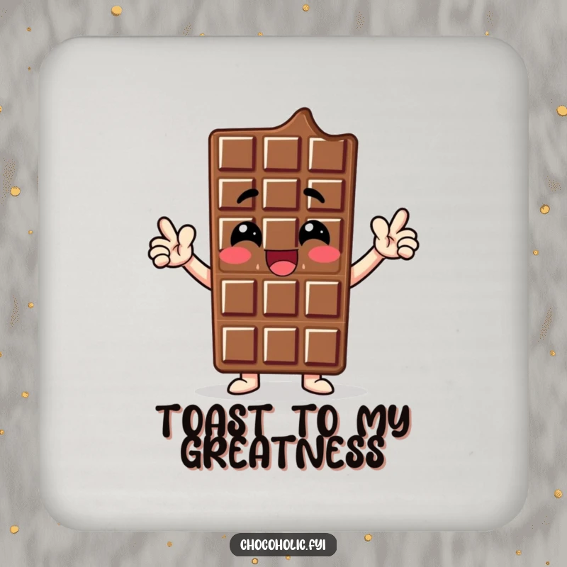 Funny drink coaster featuring a chocolate bar character striking a proud, enthusiastic pose, symbolizing sweet confidence and self-assurance.