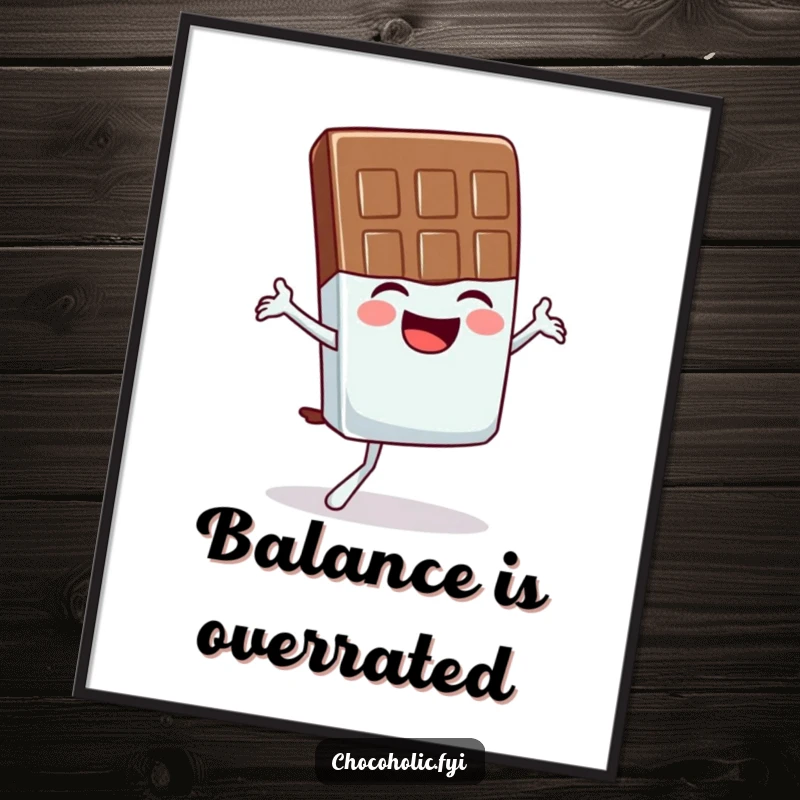 Funny poster featuring a chocolate bar character mid-giggle, struggling to maintain a wobbly yoga balance pose with a comical expression.
