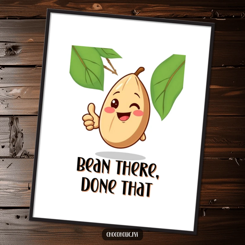Funny Poster: A happy cocoa bean smiles and gives a thumbs up, creating a positive and humorous focal point.