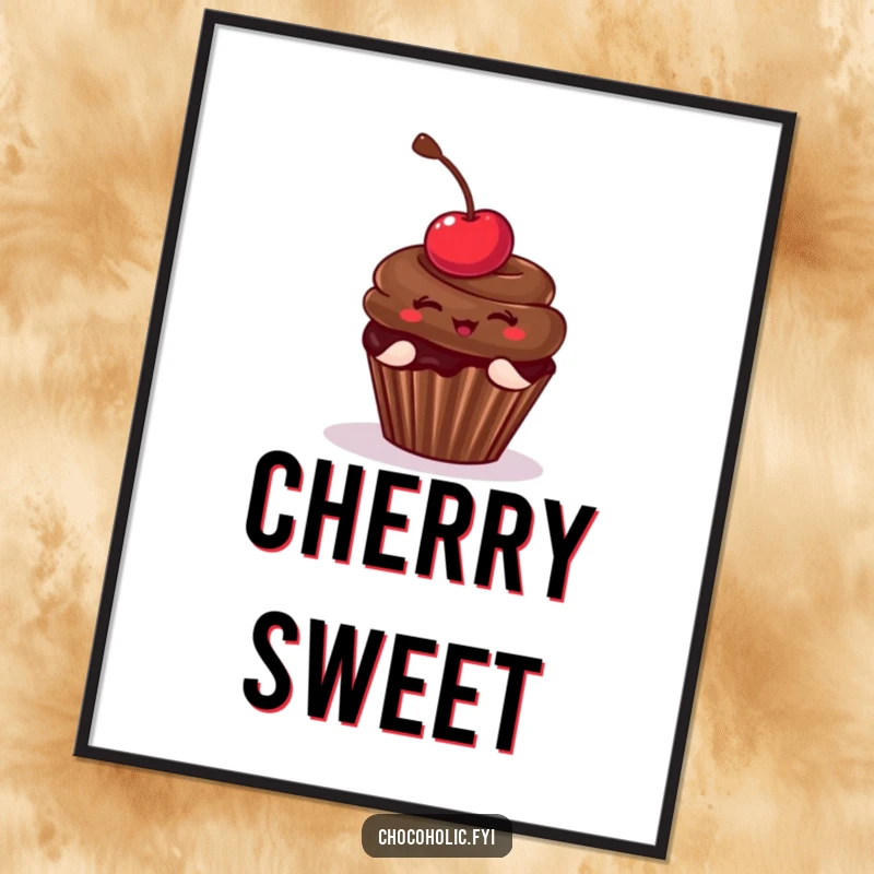 Funny Poster of a chocolate cupcake with a cherry striking a delightful and playful pose. Vibrant and humorous wall decor.