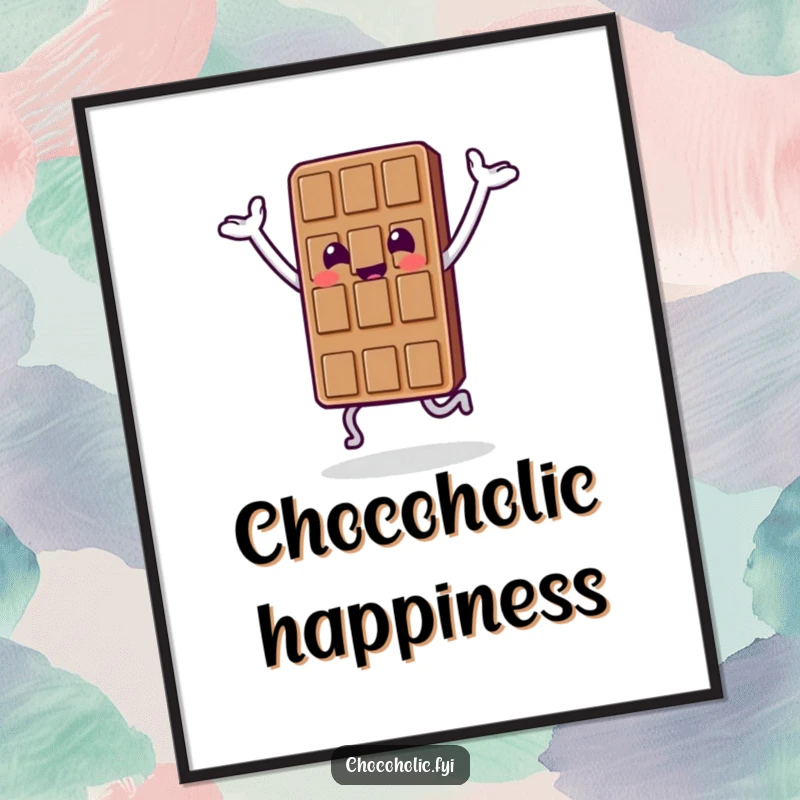 Funny poster art of a chocolate bar character doing a joyful hop with both arms enthusiastically raised in the air.