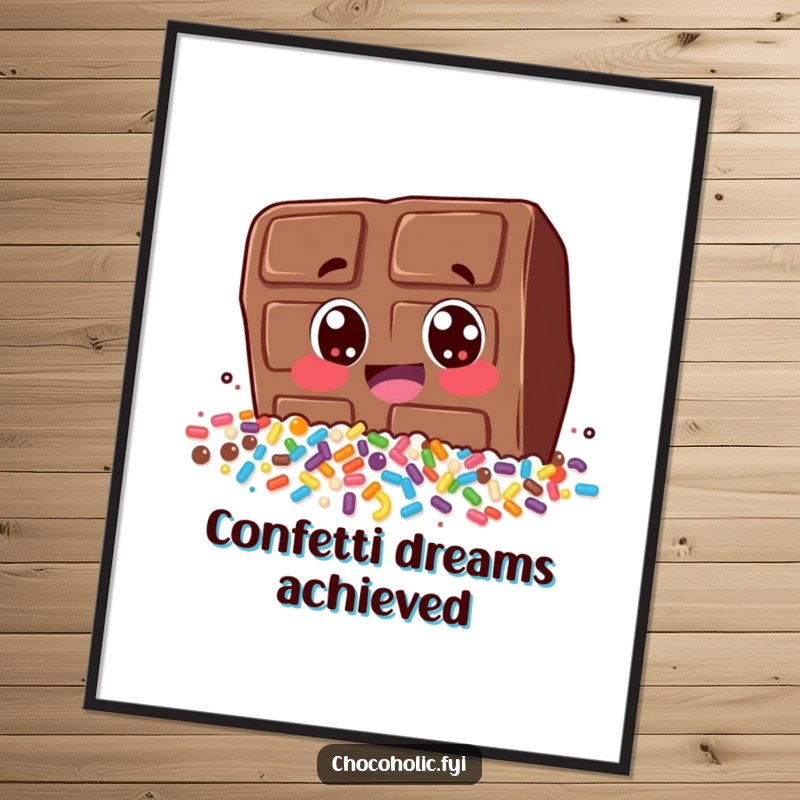 Funny poster showcasing a chocolate bar character joyfully diving headfirst into an overflowing pile of colorful sprinkles. Pure indulgence art.
