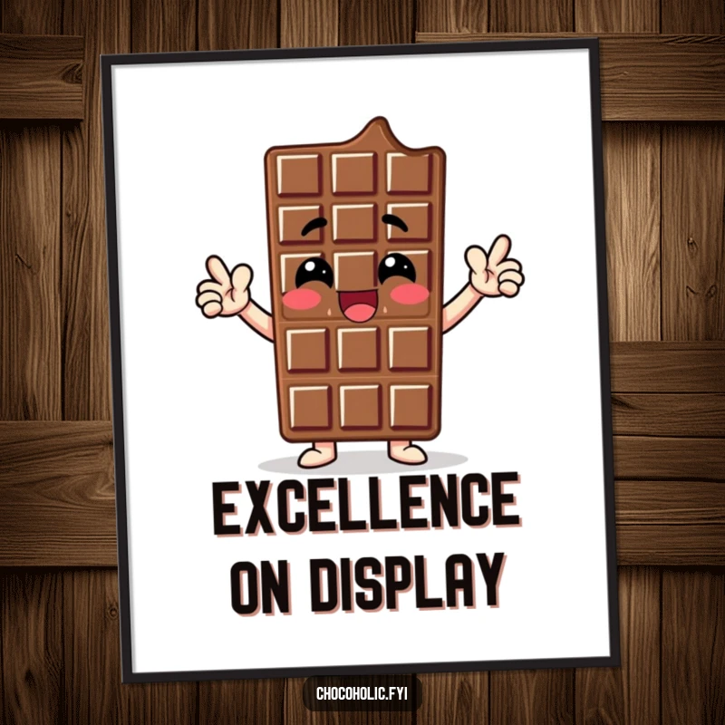Funny poster artwork of a chocolate bar character striking a proud, enthusiastic pose, embodying courage and sweet self-belief.