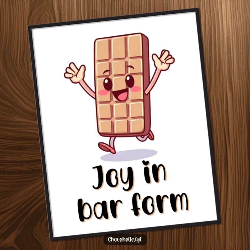 Funny poster artwork of a chocolate bar character gleefully hopping with arms stretched high, embodying pure, unrestrained happiness and sugary delight.