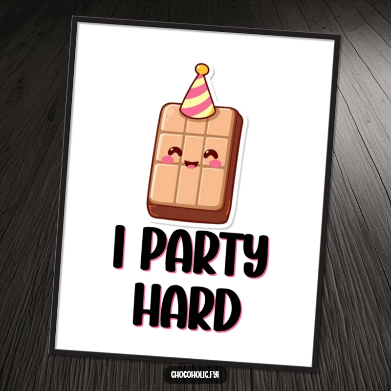 Funny Poster of a smiling chocolate bar wearing a tiny party hat, exuding pure celebration. Vibrant and humorous wall decor.