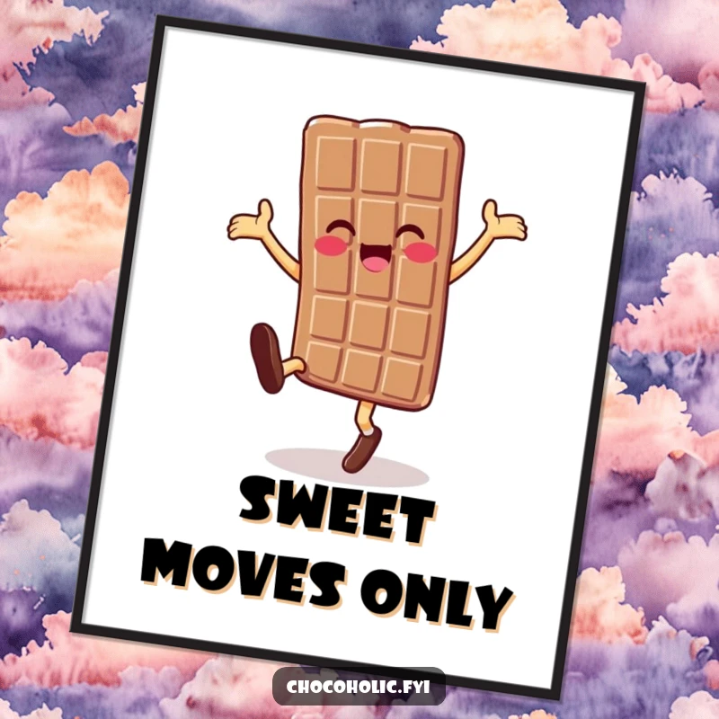 Funny chocolate bar character doing a cartwheel art print, adding a touch of sweet joy to decor.