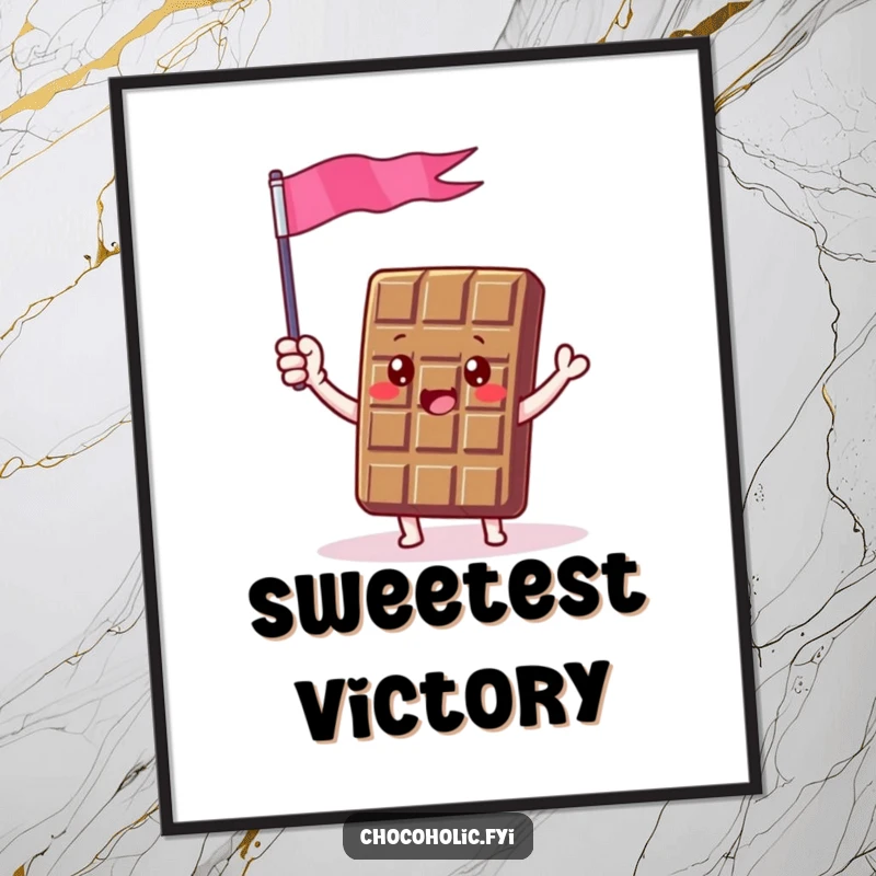 Funny poster of a chocolate bar character enthusiastically waving a tiny flag made of chocolate foil, embodying pure, sweet celebration.