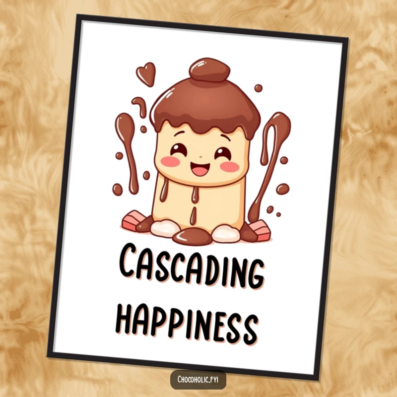 Funny happy chocolate fountain poster character with a wide grin, cascading streams of sweet bliss, decorative and joyful.