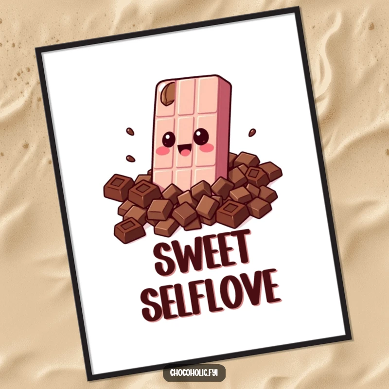 Funny poster featuring a kawaii chocolate bar character with wide, happy eyes, joyfully engulfed in a pile of chocolate pieces.