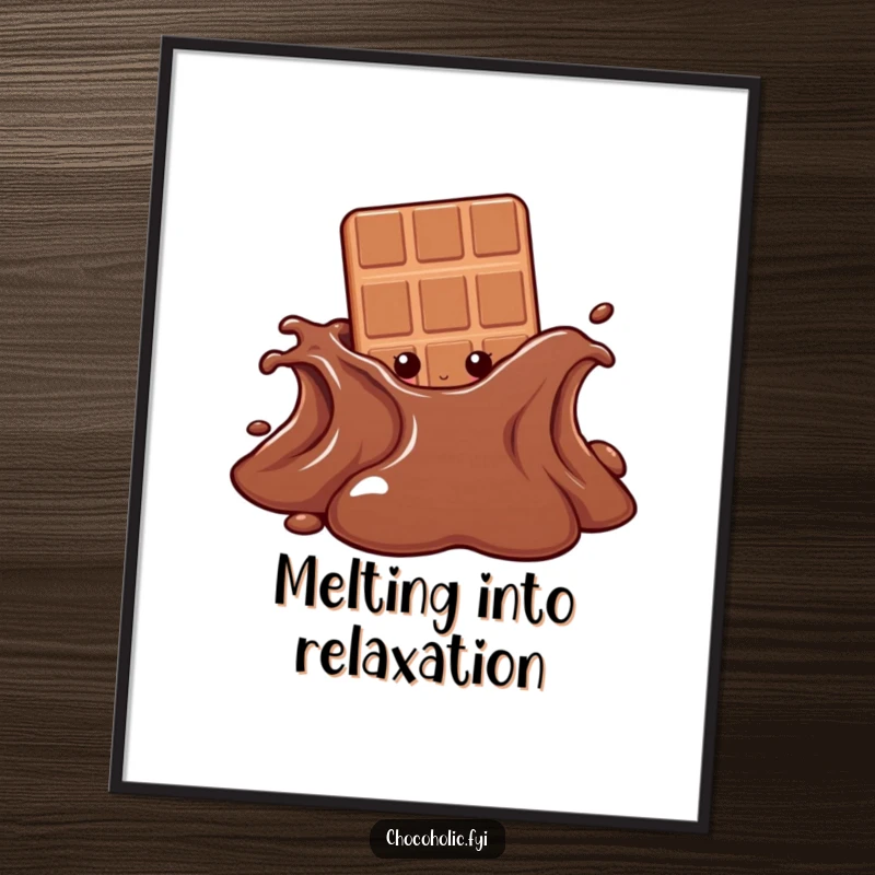 Funny poster artwork of a chocolate bar character peeking from behind a giant, melting chocolate puddle, full of playful temptation and sweet intrigue.