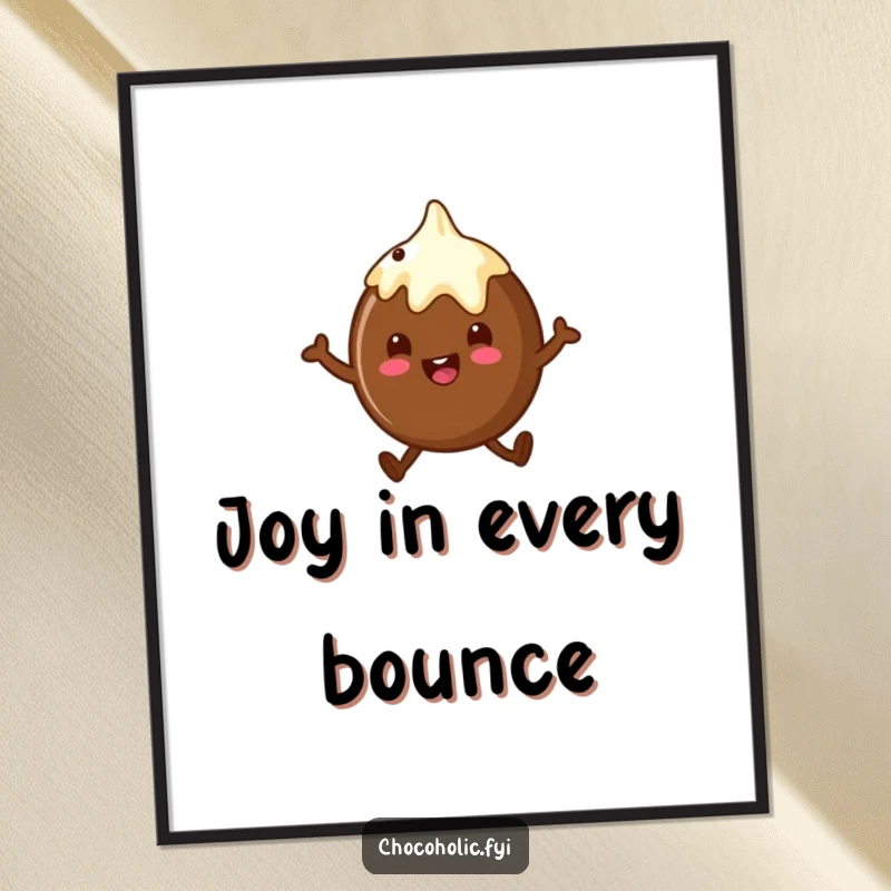Funny chocolate truffle poster art of a character doing a little happy hop, radiating sweetness and joy.