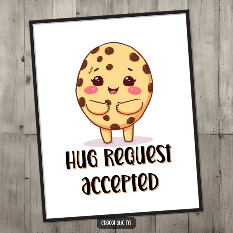 Funny poster of a kawaii chocolate chip cookie character giving a warm, fuzzy hug, radiating comfort and sweetness.